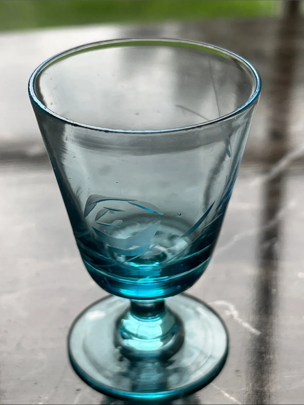 Etched Glass Goblet with Aqua Base